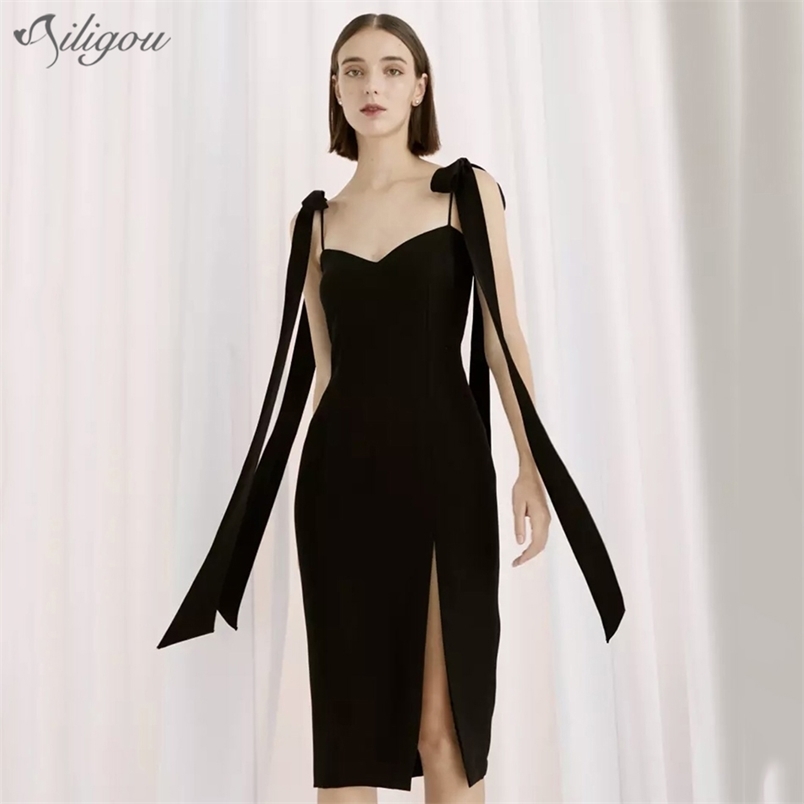 

Summer Style Black Ladies Tight Bodycon Sexy Sleeveless Spaghetti Belt Midi Bow Celebrity Club Bandage Dress 210525
