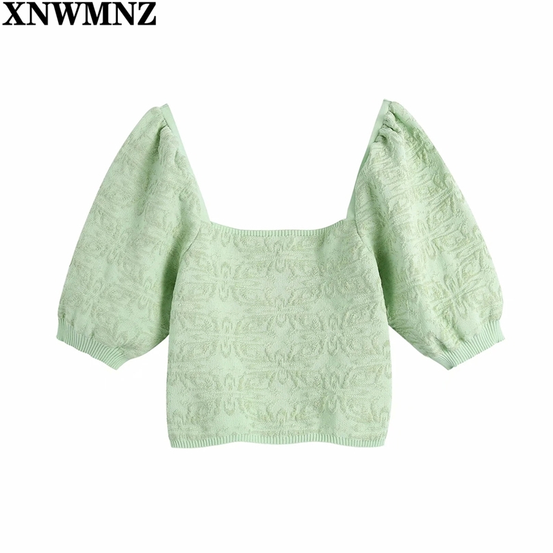 

chic Green Crop Top Women Jacquard Knitted Cropped Woman Sweater Fashion Square Neck Short Puff Sleeve Summer 210520