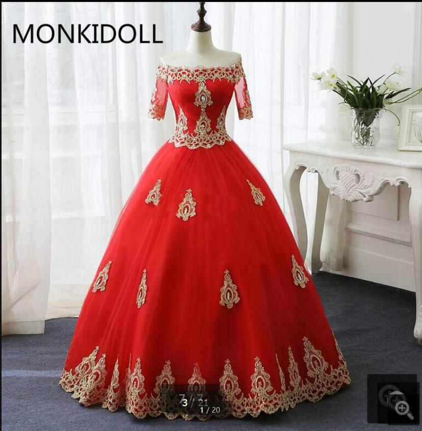 

2021 real picture red tulle ball gown wedding dresses gold lace appliques princess puffy off the shoulder vintage bridal gowns beaded crystals muslim bride dress, Champagne