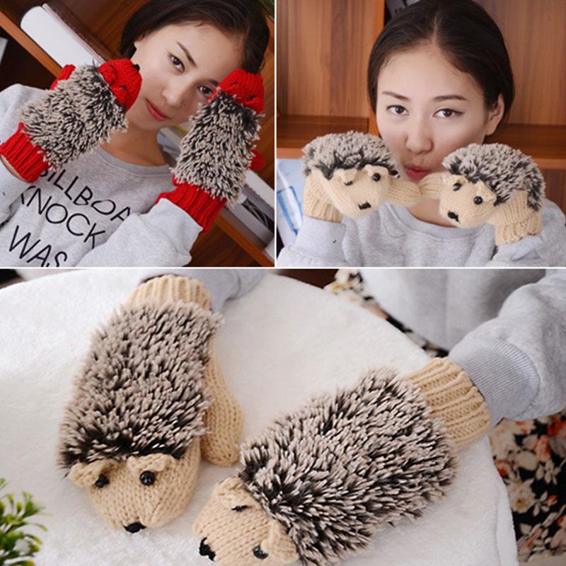 

Five Fingers Gloves Winter Warm Women Cartoon Hedgehog Mittens Fingerless Knitting Wool Cute Without Thick Plush, Blue;gray