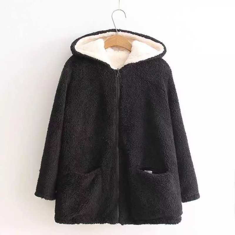 

Spring Two-sided Plush Jacket Women's Long Sleeve Thick Warm Outwear Oversize Fur Mujer Chaqueta 210607, Black