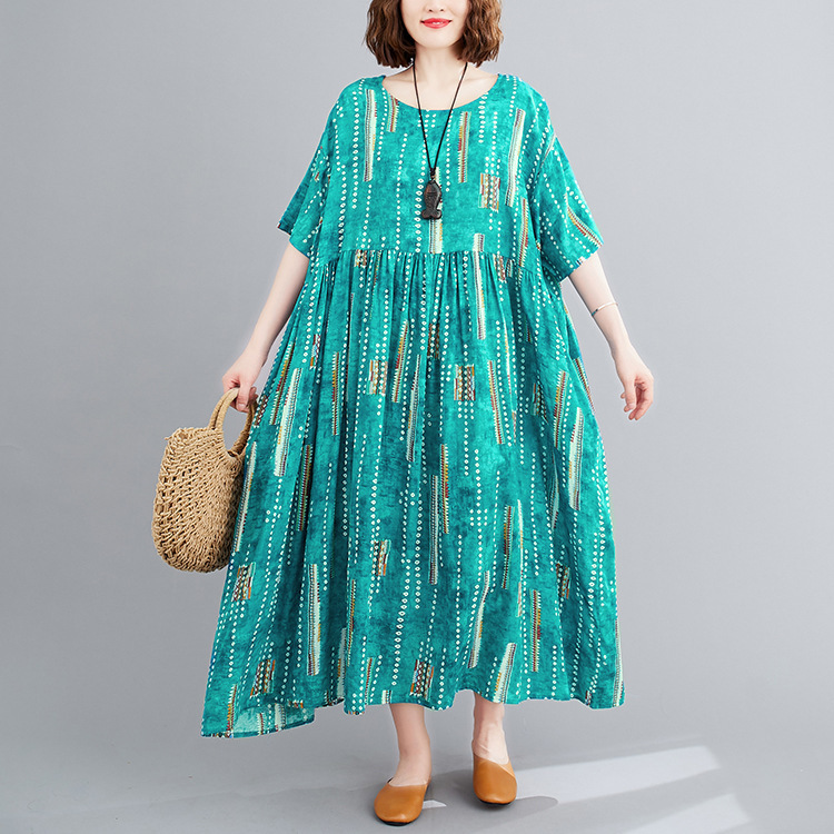 

Johnature Women High Waist Fall Dresses Summer O-Neck Short Sleeve Green Women Clothes Loose Cotton Blend Dresses 210521, Multi