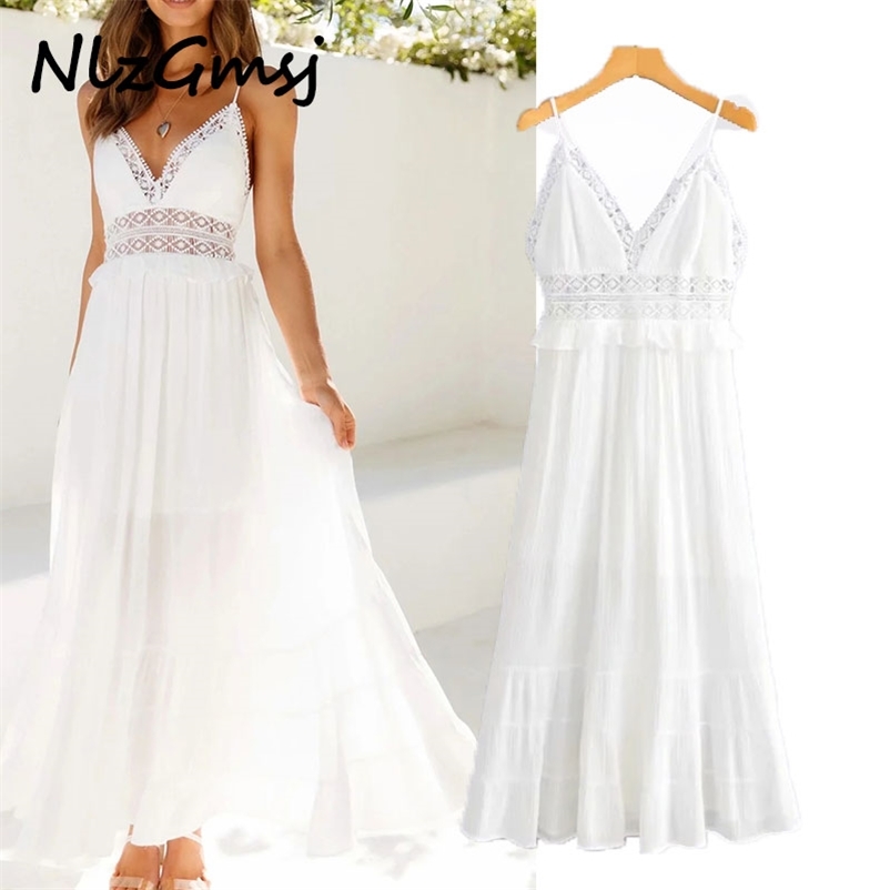 

Summer Women Lace Hollow Waist Sexy Backless V-Neck Strap Dresses Boho Beach Long Female Vestidos Party Wear 04 210628, As picture