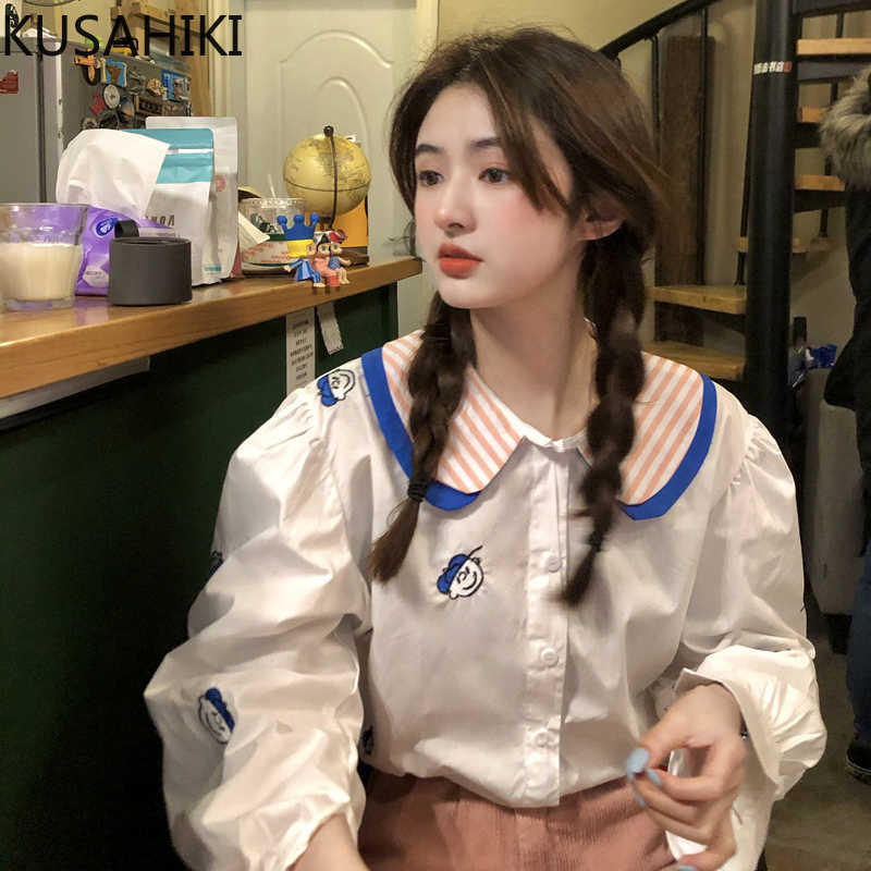

Korea Chic Cartoon Embroidery Blouse Shirt Sweet Striped Peter Pan Collar Women Top Causal Long Sleeve Blusas 6G913 210603, White