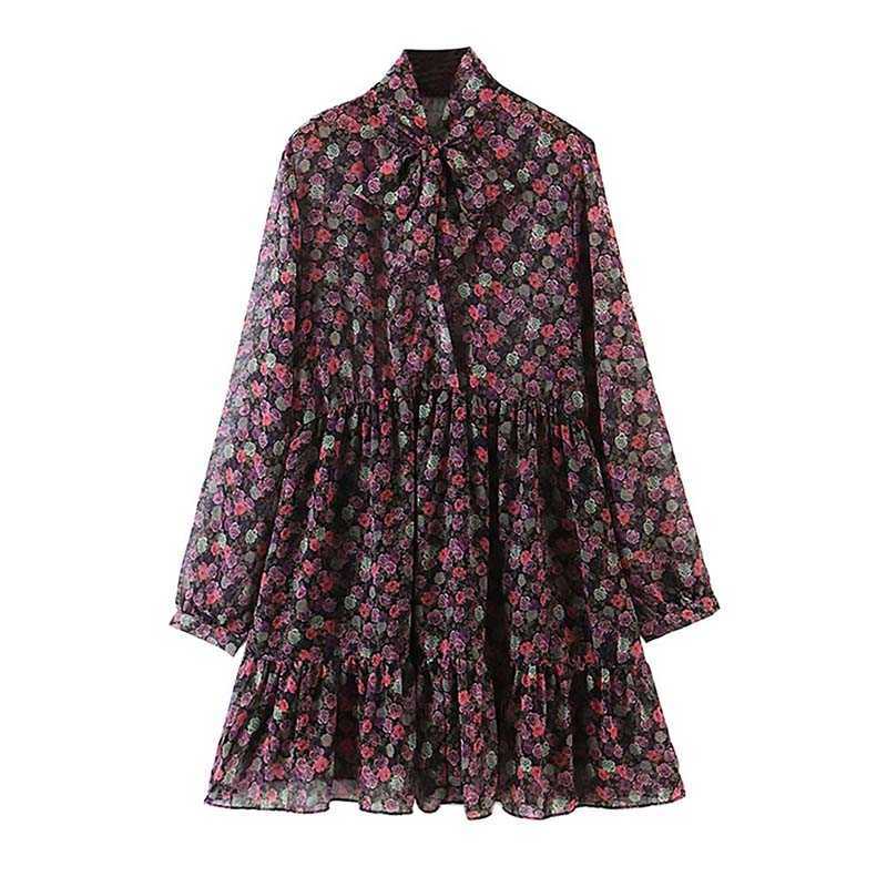 

Floral Print Chiffon Ruffle Folds Bandage Long Sleeve Dress Women Casual Boho Loose Streetwear Beach Holiday Party Mini Dresses 210608, Red