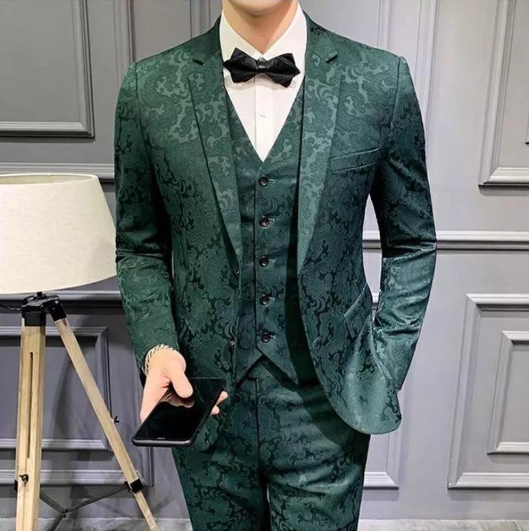 

Fashion 3 Pieces Men Suits Dark Green Printed Floral Groom Smoking Prom Man Blazer Slim Fit Wedding Tuxedo Men's & Blazers