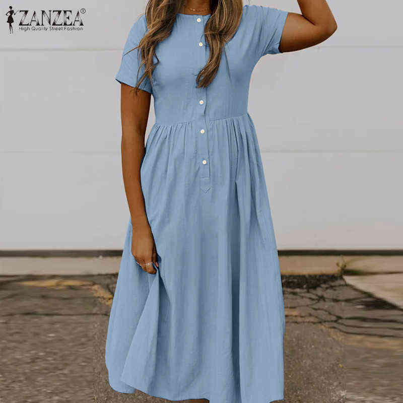 

Women Summer Sundress ZANZEA 2021 Kaftan Solid Shirt Dress Casual Short Sleeve Midi Vestidos Female High Waist Robe Oversized G1223, C navy