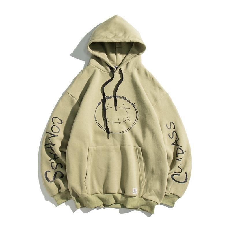 

Fashion ins popular style Men casual loose designer hoodies women all-match Japanese hip-hop face smile sweatshirt cotton cloth, Black