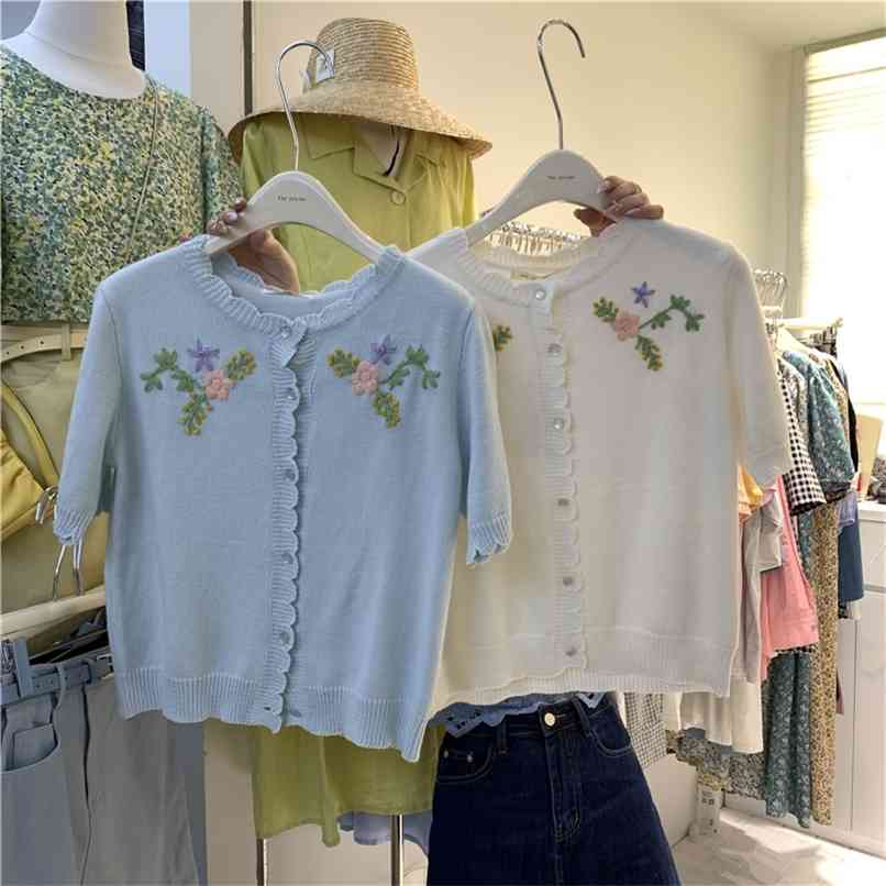 

Embroidered flowers all-match short-sleeved knitted cardigan summer Korean fashion top women' clothing 210520, Yellow