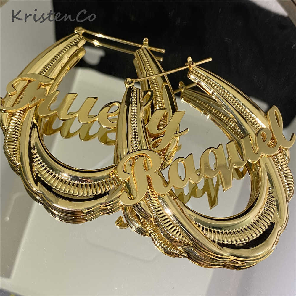 

KristenCo 65mm Stainless Steel Bamboo Hoop Earrings Customized Name Earrings Bamboo Style Custom Earrings for Women Gift 210924