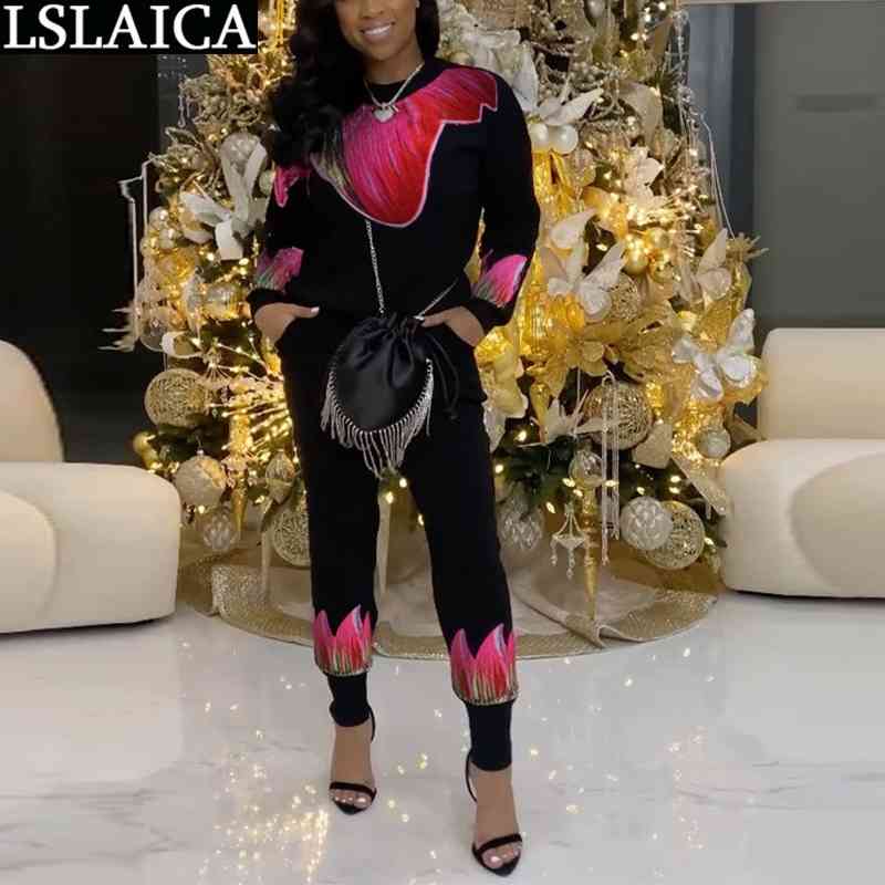 

2 Piece Set Pure Color Retro Printing Casual Loose Loungewear Women Fashion Elastic Waist Long Sleeve Sweat Suits 210520, Gray