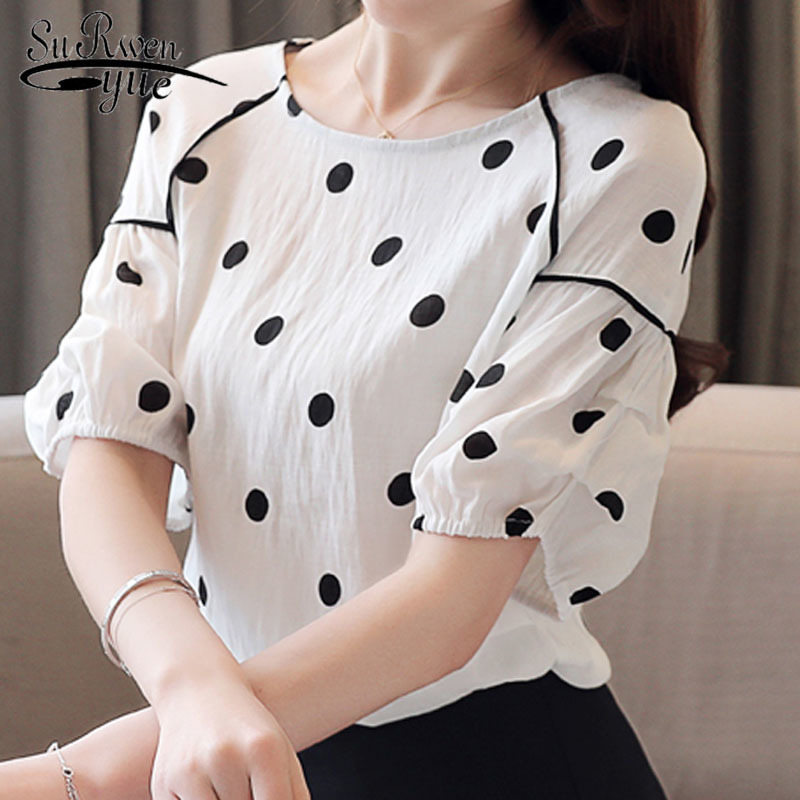 

sweet blouses and tops summer women chiffon short shirts O neck Dot pattern womens clothing top 3984 50 210521, Red