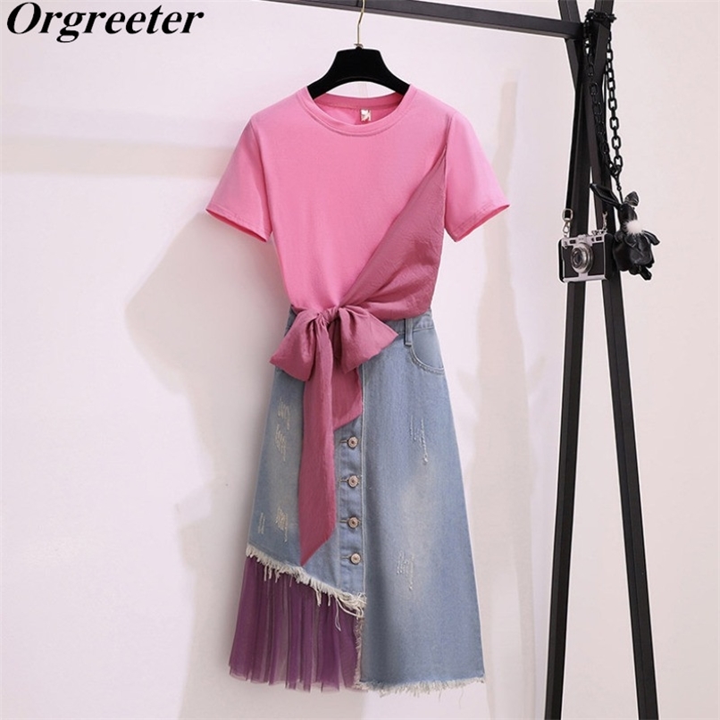 

Denim Skirt Suit Summer Sweet Bowknot Pink Tshirt + Single-breasted Mesh Patchwork 2 Piece set Women 210602, Only pink tshirt