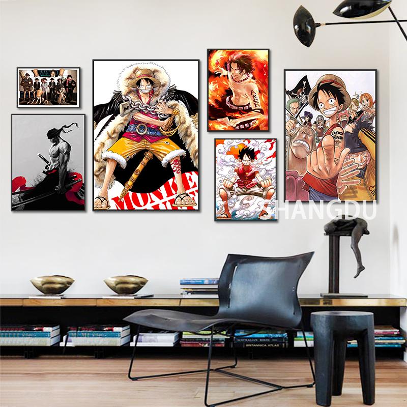 

Paintings Japan Anime One Piece Poster Wall Art Print Wanted Luffy Fighting Canvas Pictures For Home Living Room Bedroom Decor Painting