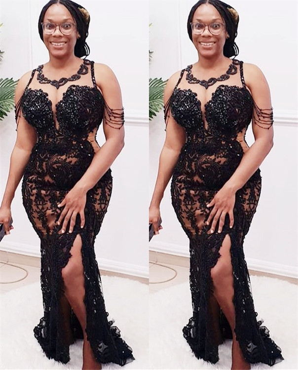 

2021 Plus Size Arabic Aso Ebi Black Mermaid Lace Prom Dresses Beaded Sheer Neck High Split Evening Formal Party Second Reception Gowns ZJ275, Blue
