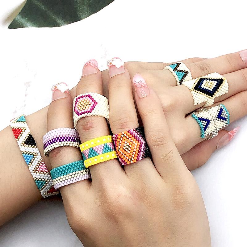

Cluster Rings BLUESTAR Geometric Ring Pink Boho Jewelry Miyuki Bead Handmade Vintage For Women Unique Design Woven