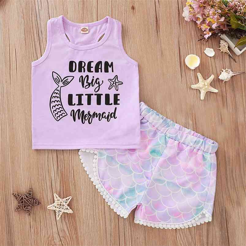 

Summer Children Sets Casual Strap Sleeveless O Neck Letter Tops Print Scaly Shorts 2Pcs Girls Clothes 1-5T 210629, Purple