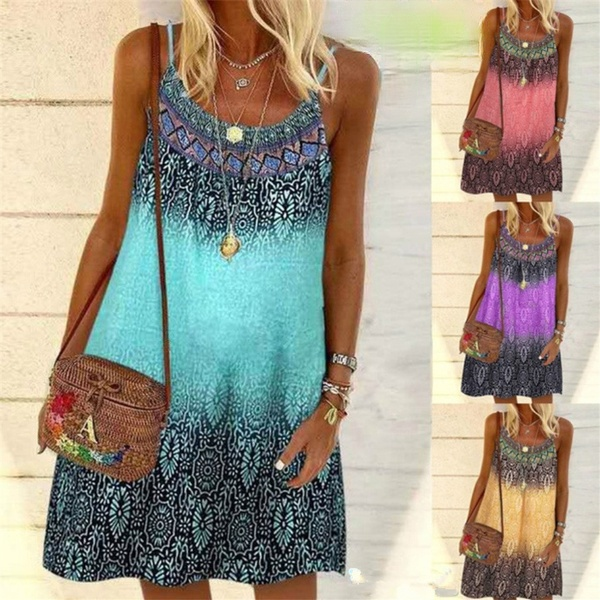Summer Bohemian Dress Women Vintage Printed Spaghetti Strap Sundress Lady Casual Loose Sleeveless Mini Vestidos Beach 2021-image-701712149
