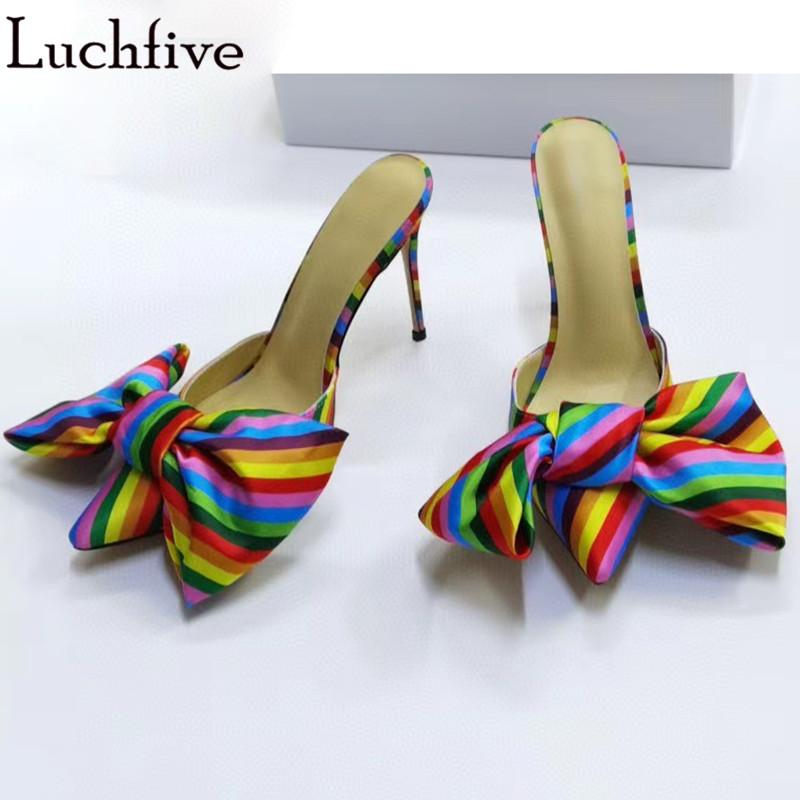 

Slippers Rainbow Bowtie Women Thin High Heels Shoes Woman Sexy Pointy Toe Slides Summer Zapatos Mujer, Black