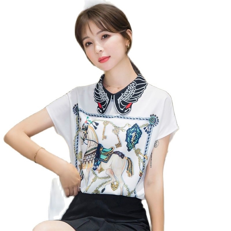 

Fashion Women's Shirt Summer Style Doll Collar Short Sleeve Chiffon Personality Top Ladies 210520, White