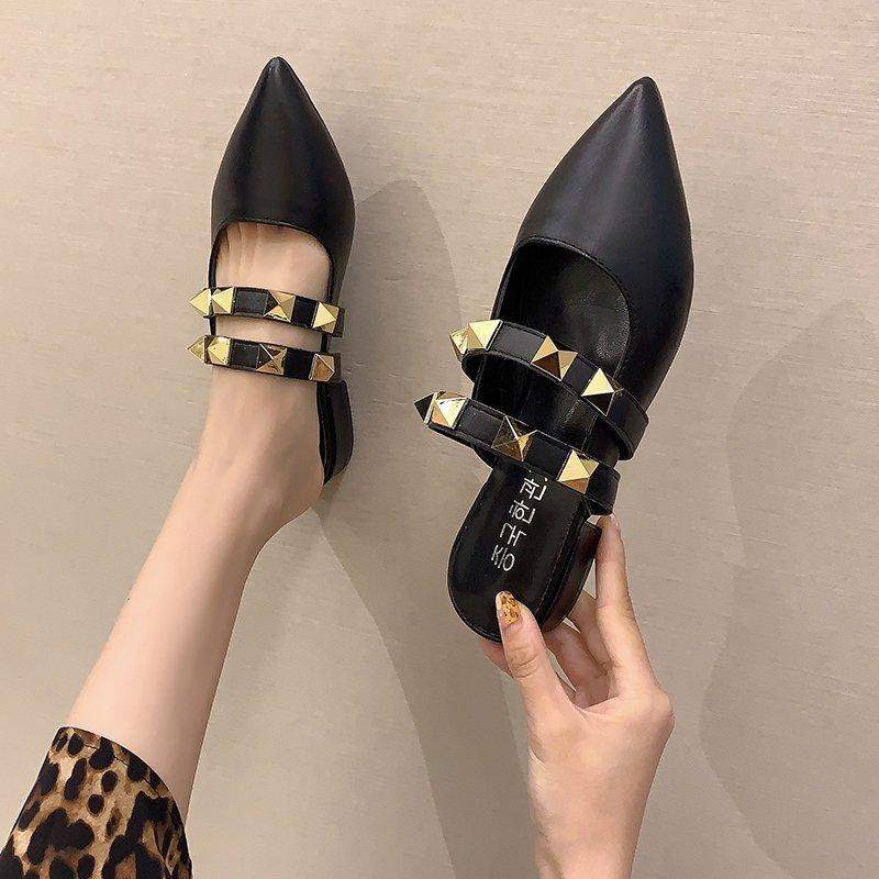 

Slip On Casual Loafers Outdoor Slides Flip Flops Rivet Fashion Brand Women Flat Slippers Close Toe Mule Shoes 2021, Black