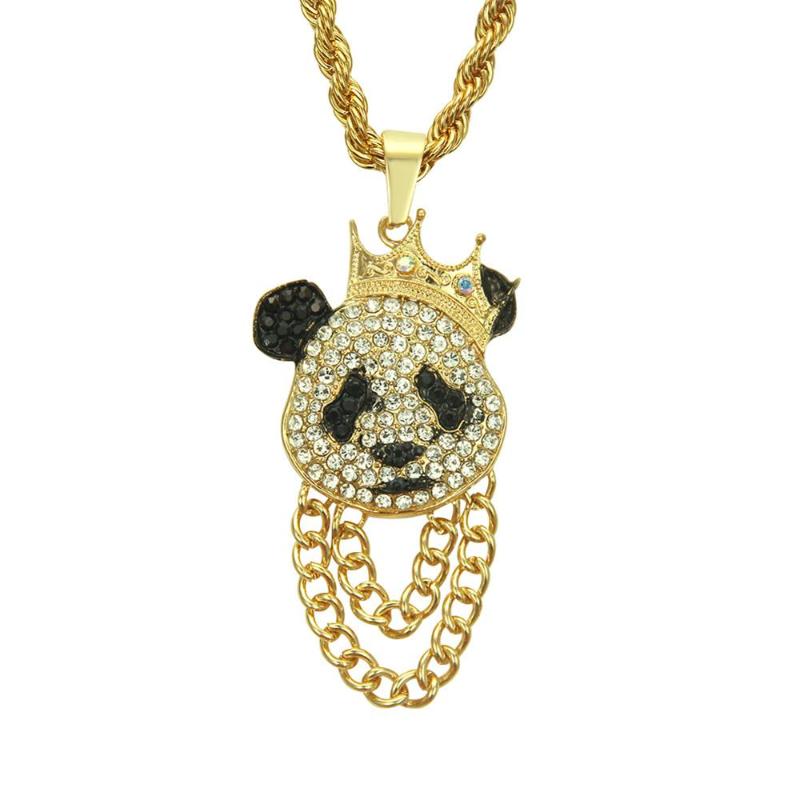 

Pendant Necklaces Hip Hop Rhinestones Paved Bling Iced Out Gold Crown Panda Necklace For Men Rapper Jewelry Silver Color Drop