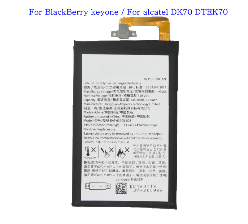 

1x 3440mAh / 13.24Wh BAT-63108-003 Battery For BlackBerry keyone TLP034E1 For alcatel DK70 DTEK70 Batteries