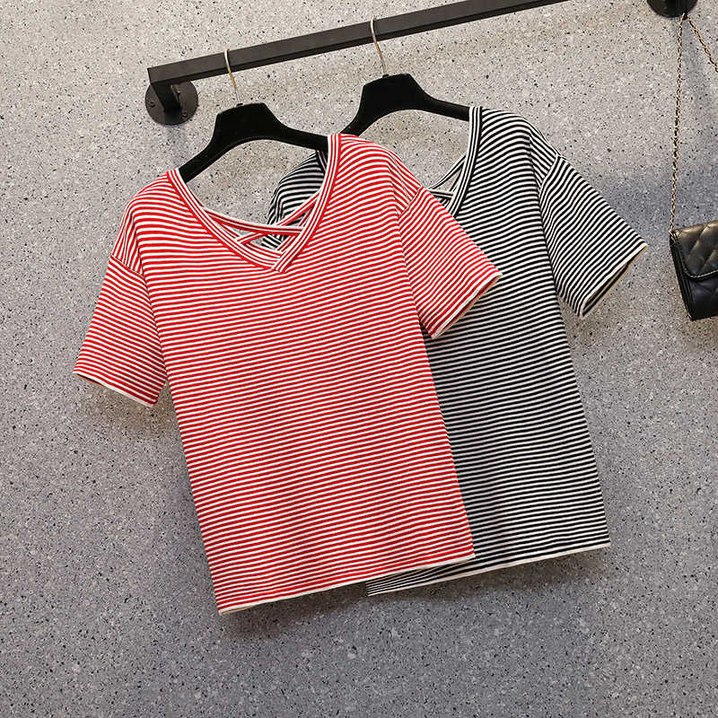 

M-4XL plus size women Summer basic thin sweaters short sleeve v neck sexy Stripe kint female Oversized pullover jumper 210604, Black