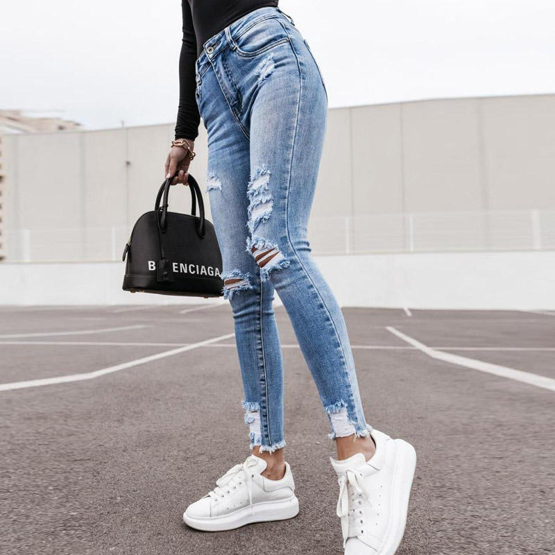 

2021fashion vintage ripped hole pencil long pants solid jeans women spring summer casual high waist slim denim trousers streetwears, Blue