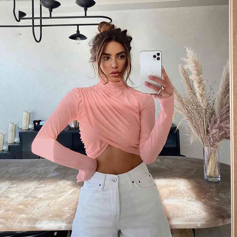 

European and American style women's wear in spring and autumn round neck long sleeve fashion open navel slim T-shirt 210602, Pink