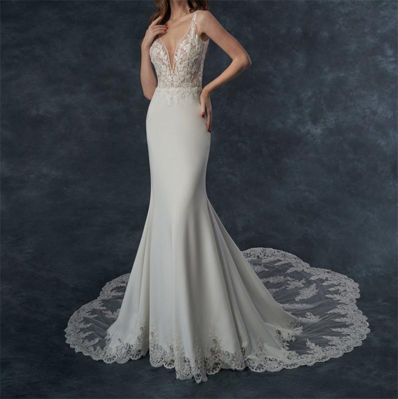 

2021 Gorgeous V Neck Mermaid Wedding Gowns Spaghetti Lace Appliques Beading Backless Sweep Train Chruch Style Bridal Dress Custom Made, Same as image