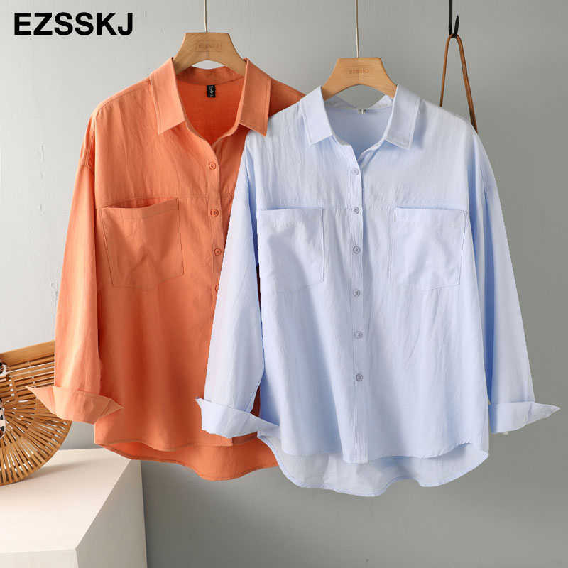 

chic casual loose cotton blouse shirt women female white blouse shirt spring summer women oversize shirt top 210721, Blue