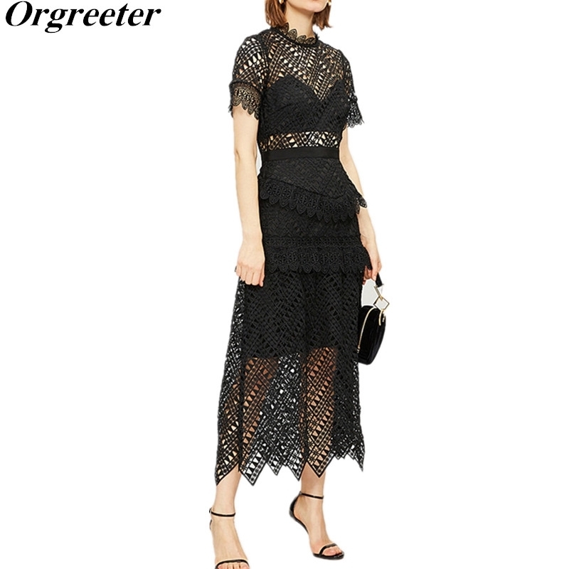 

Black Evening Party Dresses Self Portrait Triangle Lace Women' Sexy Hollow See Through Ruffles Patchwork Long 210525