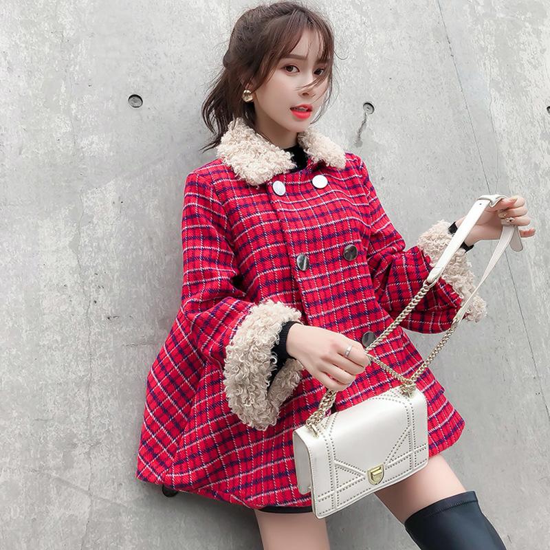 

Women Winter Sweet Plaid Double Breasted Jacket Wololen Coat Female Higstreet Woolen Collar Cape Ladies Vinatage Tops Outwear Women' Jacket, Pink