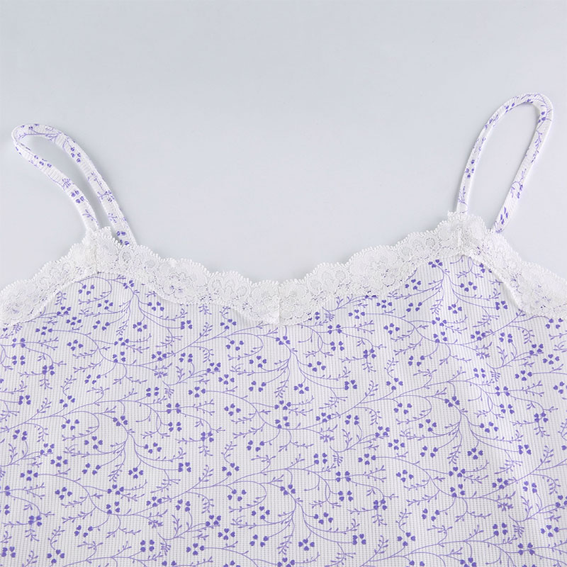 

2021heyoungirl summer floral print sleeveless mini dress casual spaghetti strap short dressladies patchwork lace white women dress, Black;gray