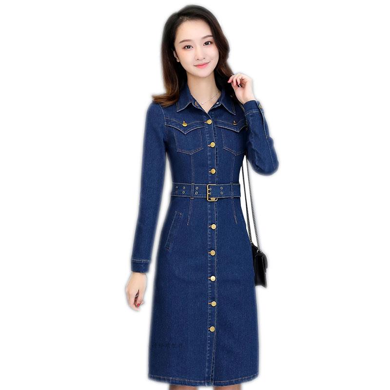 

Casual Dresses Women' Spring Jeans Pencil Dress Women Denim Long Vestidos One-piece Cowboy With Belt Blue Cotton Clothing OK169