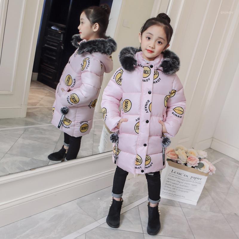 

Coat Winter Girls Thickened Printing Cotton Jackets Kids Big Fur Collar Hooded Coats Children Warm Comfortable Windproof Jacket, Blue;gray