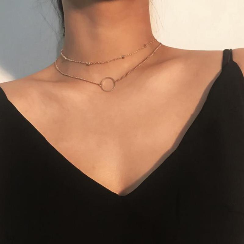 Pendant Necklaces Arrival 2021 Fashion Modern Choker Necklace Two Layers Round Gold Color Jewelry For Women-image-703599305