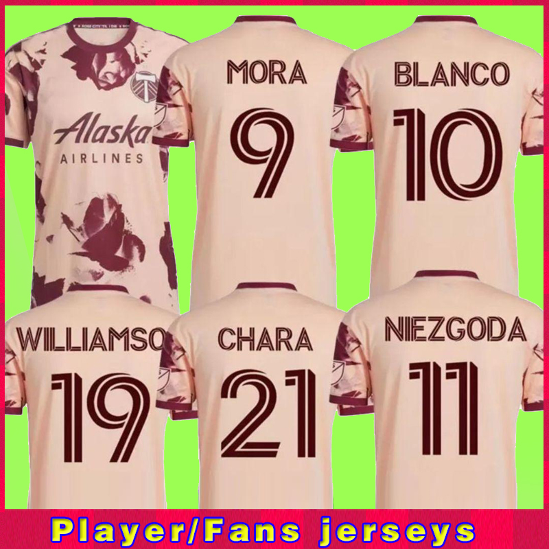 

22 23 Portland Timbers soccer jerseys 2022 MLS AWAY Vapour Pink Valeri #9 MORA #10 Blanco #19 WILLIAMSON #11 Niezgoda #21 CHARA #30 MORENO F, Black;yellow