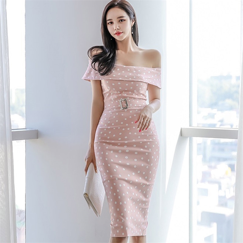 

Pink Off Shoulder Midi Dress for women Summer Korea point Sleeveless Slash Neck Polyester Sexy Ladies Office party Dresses 210602