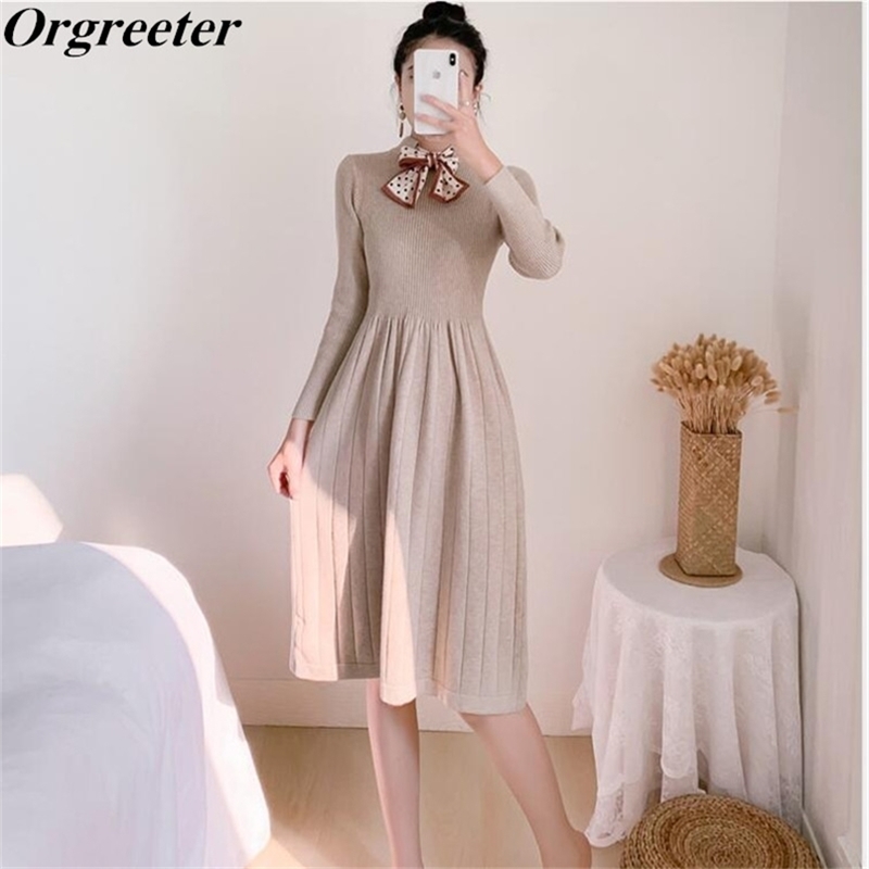 

Autumn Winter Long Sleeve Knitted Dress Women Elegant Dot Scarf Bowtie Solid Ruched Knee-Length Sweater Party Vestidos 210602, Black
