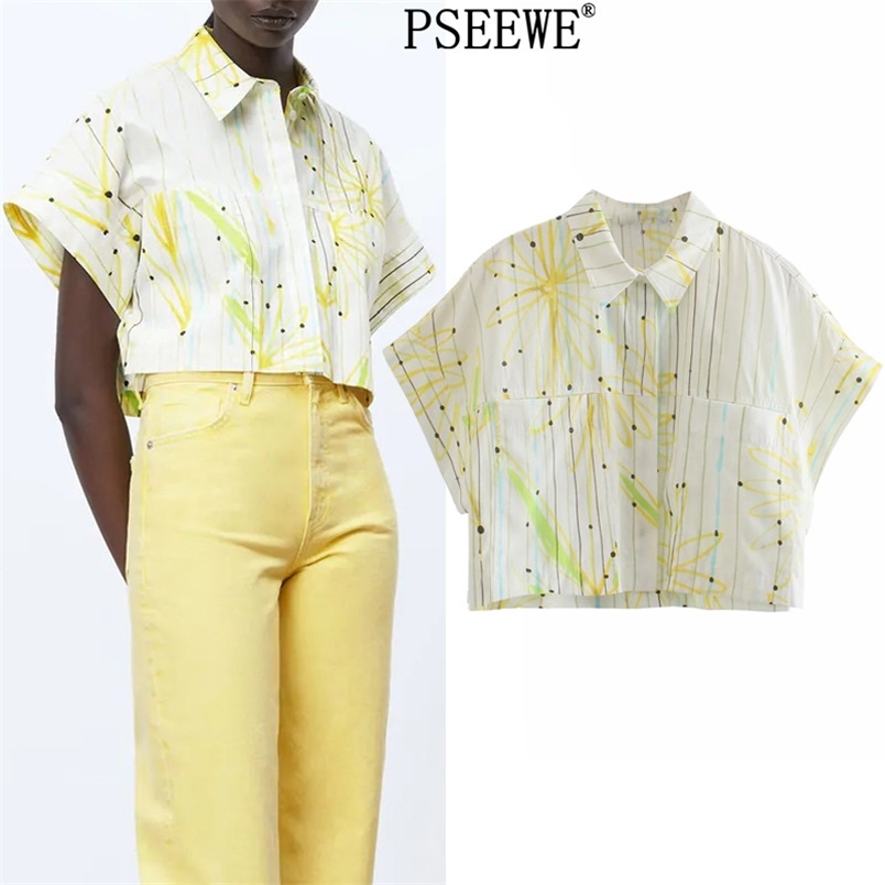 

Women Daisy Print Crop Top Shirt Woman Chic Pocket Short Sleeve Summer Blouse Streetwear Button Up Female 210519