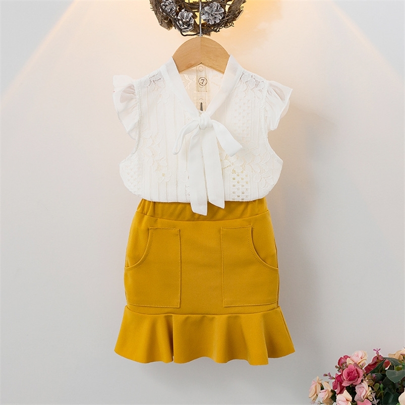 

Arrivals Summer Children Sets Short Sleeve Lace Bow Tops Orange Solid Ruffles Skirt Cute 2Pcs Girls Clothes 2-7T 210629