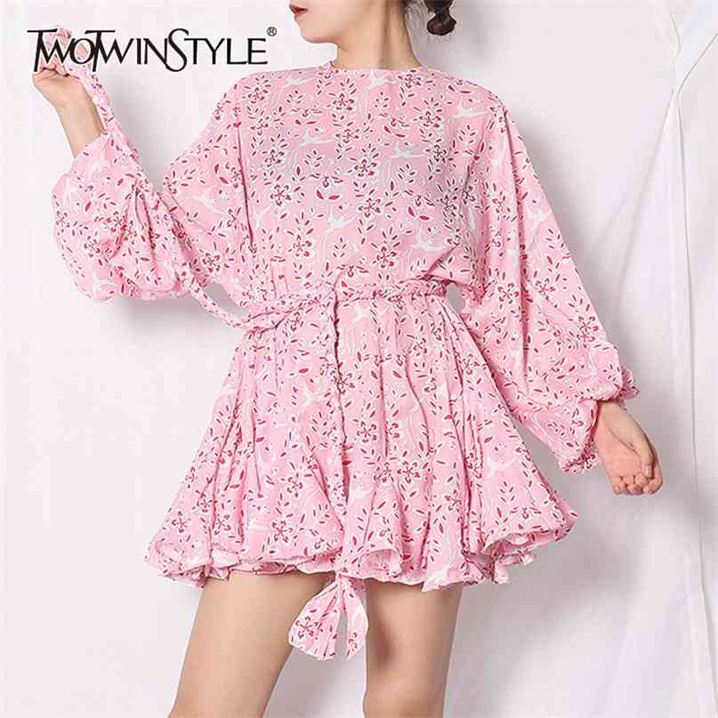 

Vintage Print Hit Color Dress For Women Lantern Long Sleeve O Neck High Waist A Line Summer Dresses Female 210520, Yellow