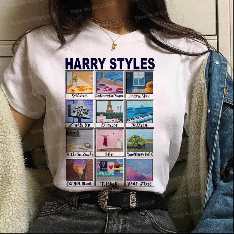 

Vogue Harry Women Tops Styles Love On Tour Graphic t shirt Fine Line Top Watermelon sugar Sunflowers TPWK Korean clothes, White