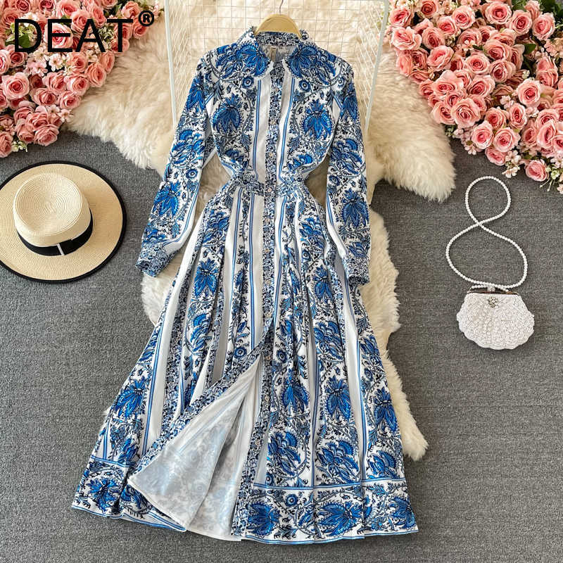 

DEAT Women Printing Vintage Dress Lapel Long Sleeve Arrivals Lady Temperament Fashion Spring Autumn 11D1667 210709, Blue