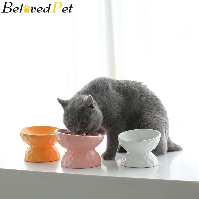 Ceramic Cat Bowl Cat Food Feeder Dispenser Ceramic Cat Water Bowl High Foot Oblique Neck Protection Non-slip Prevent Overturning-image-689706962