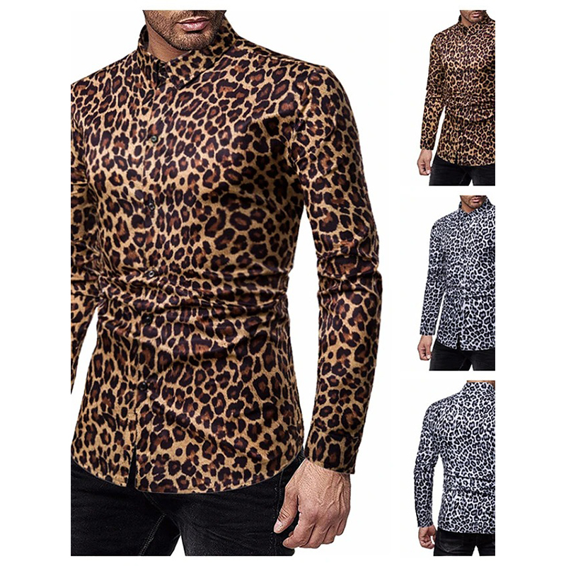 

Leopard pattern men's long-sleeved shirt high quality comfortable fit fashion retro style travel office entertainment, White;black