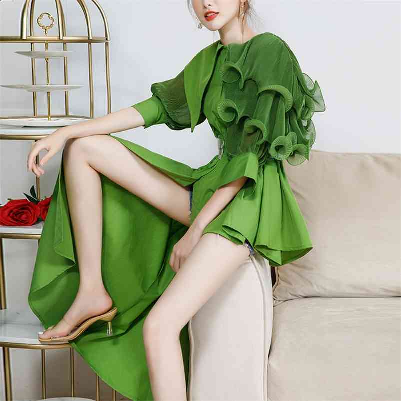 

design irregular shirt summer dress stitching lotus leaf waist asymmetrical top women 210603, Green