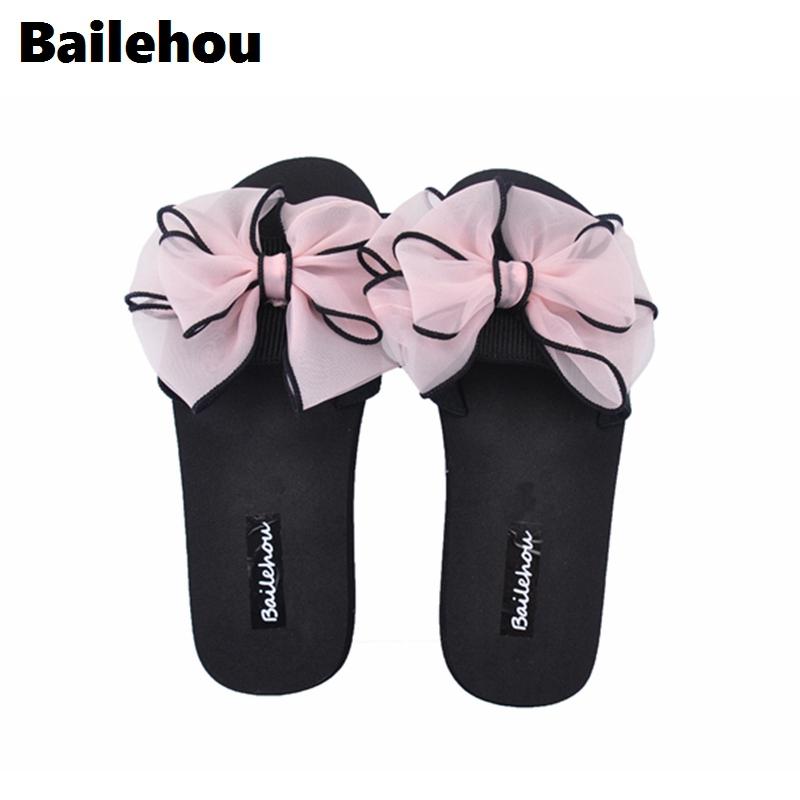 

Slippers Bailehou Women Flats Shoes Casual Slip On Slides Beach Slipper Butterfly Knot Flip Flops Sandals Zapatos Mujer, Black